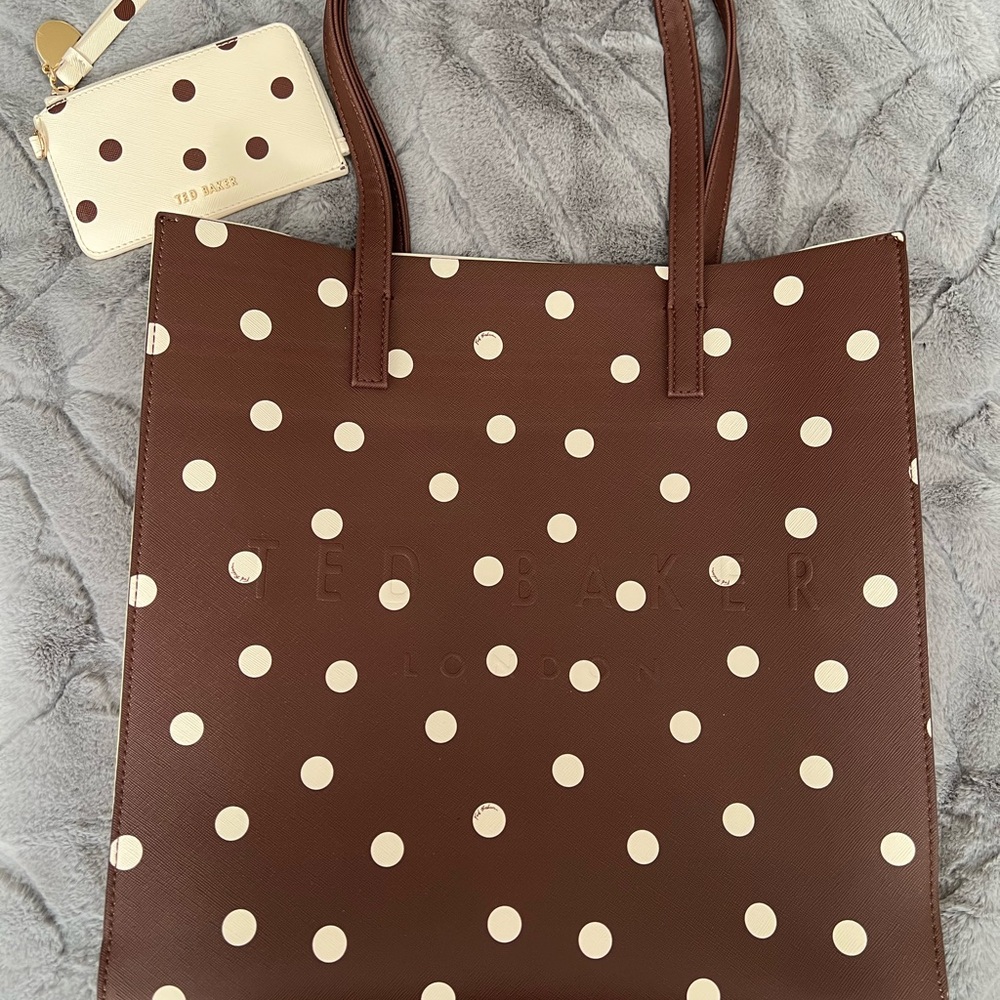 Ted Baker Brown and Cream Polka Dot Tote & Wallet - PERFECT NWOT